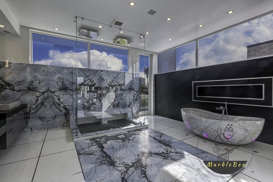 Gray and Oval Marble Bathtub In Combination Will Stay in Fad