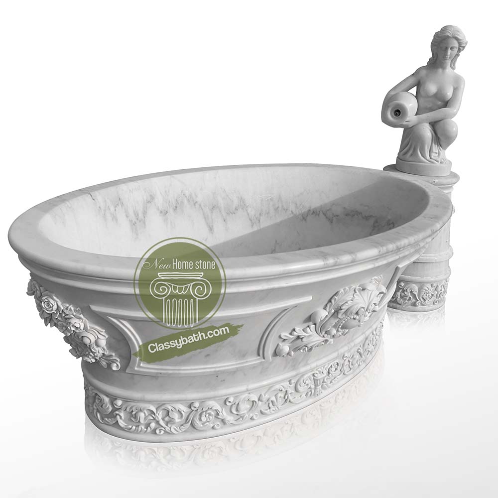 Regal White Marble Bathtub with Gorgeous Engravings