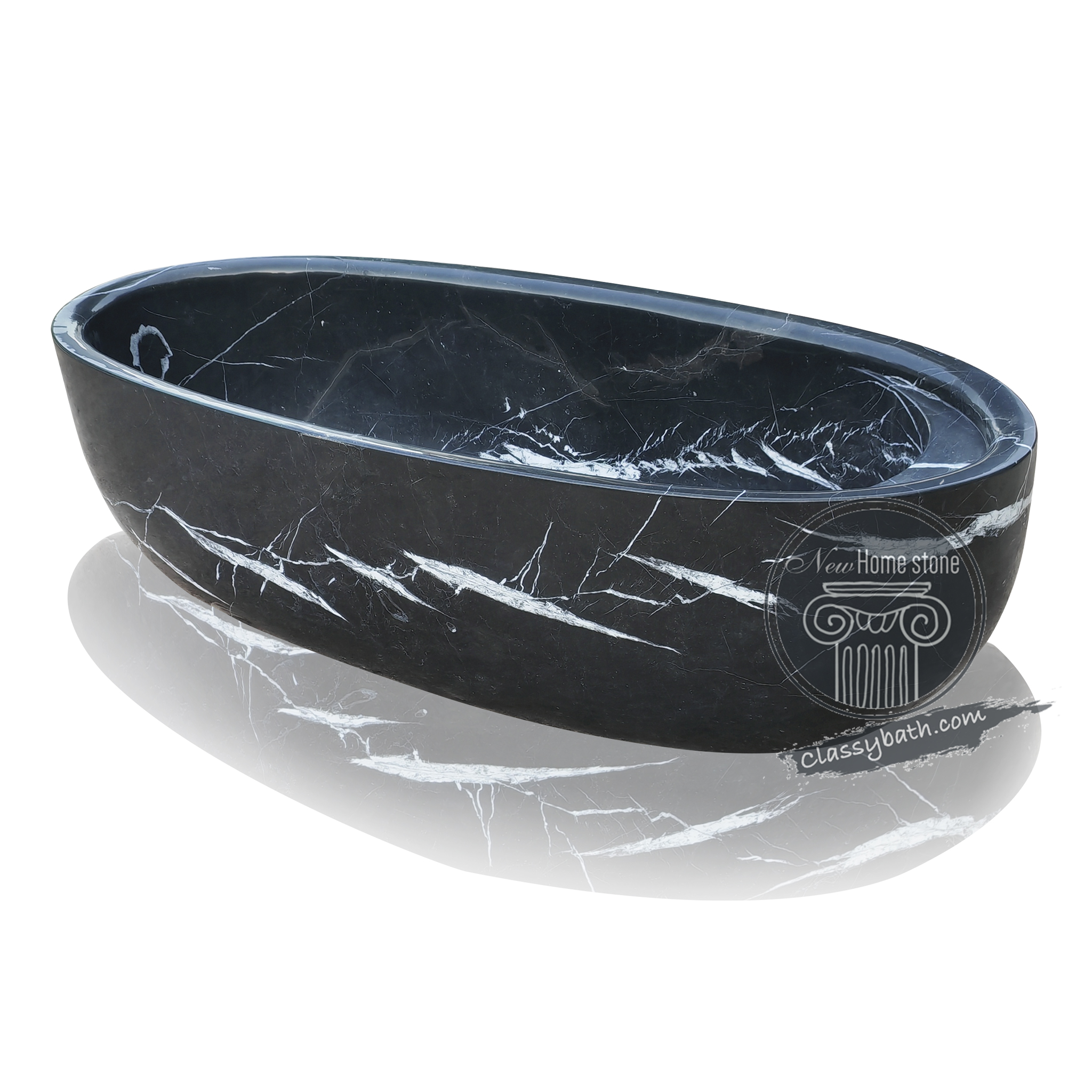 Black marble bathtub with white veins