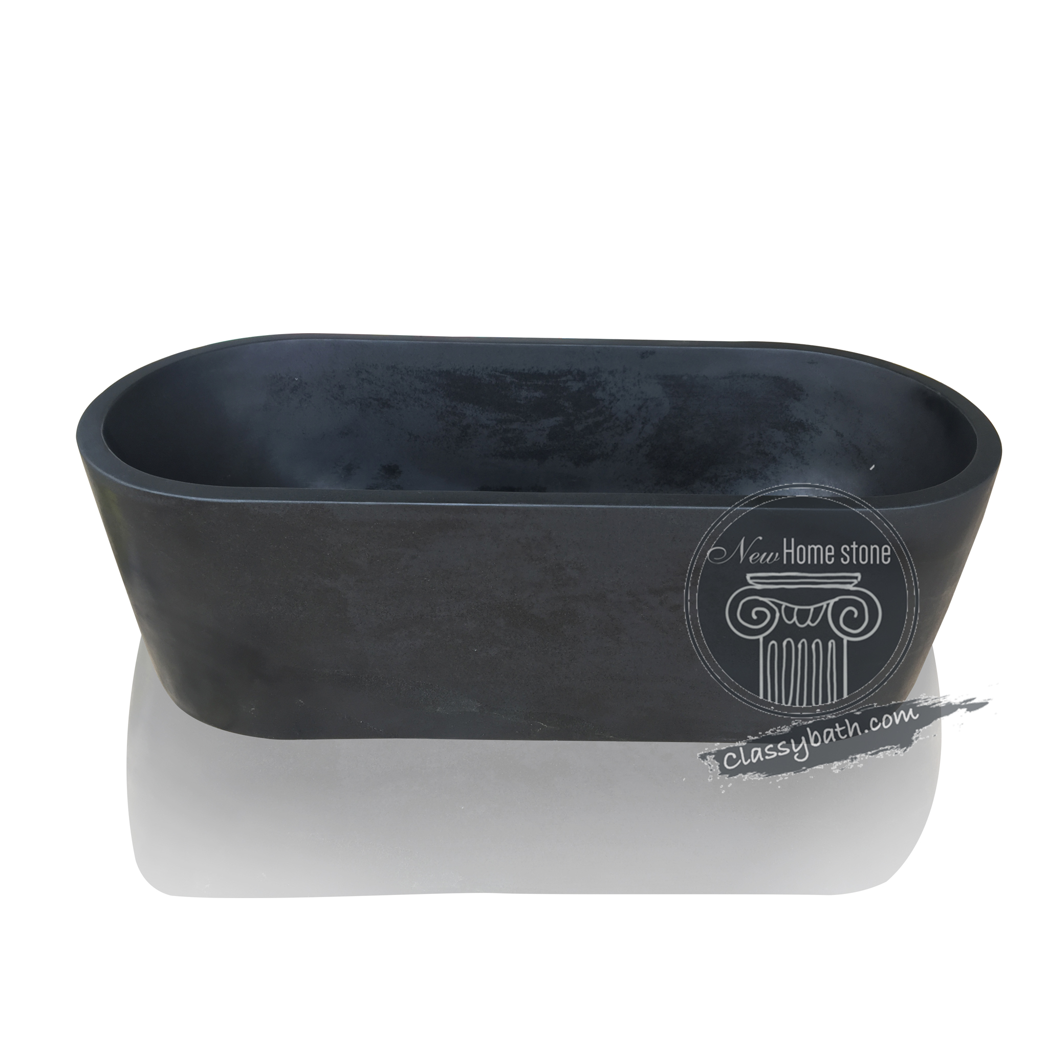 Spacious black granite bathtub for two with a honed finish