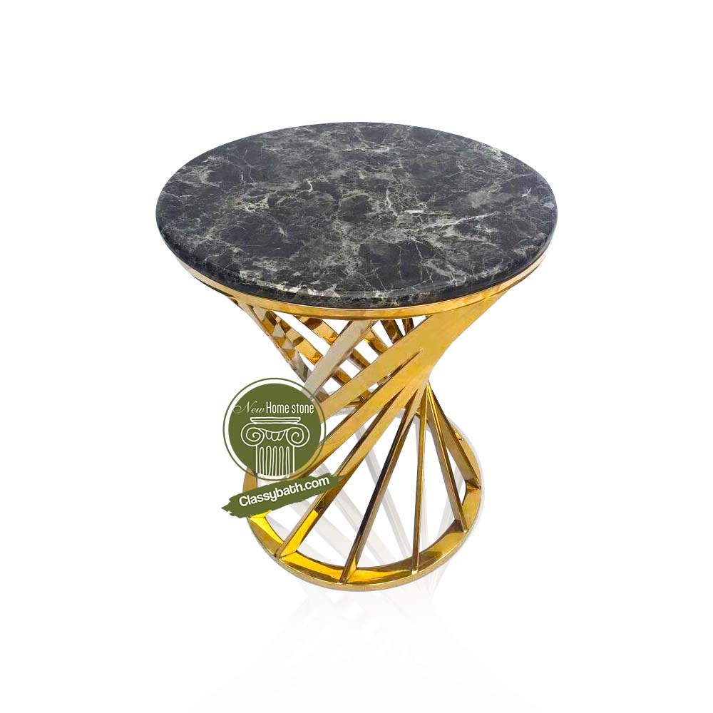 Round Side Table with Metal Base and Black Marble Tabletop