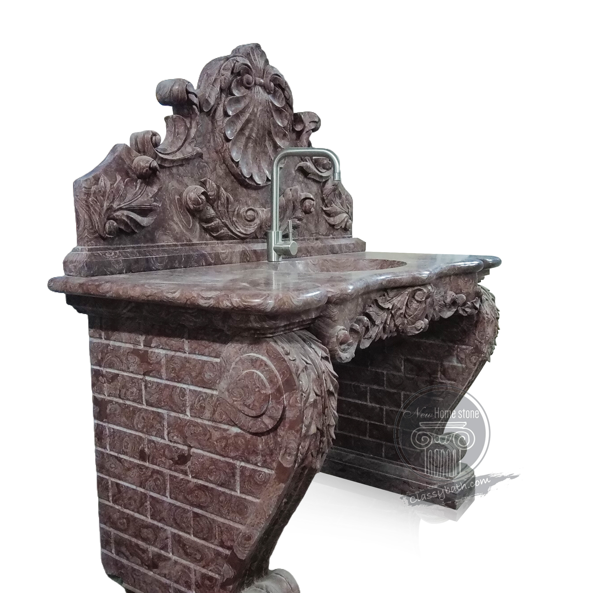 French Rose Red Marble Pedestal Basin